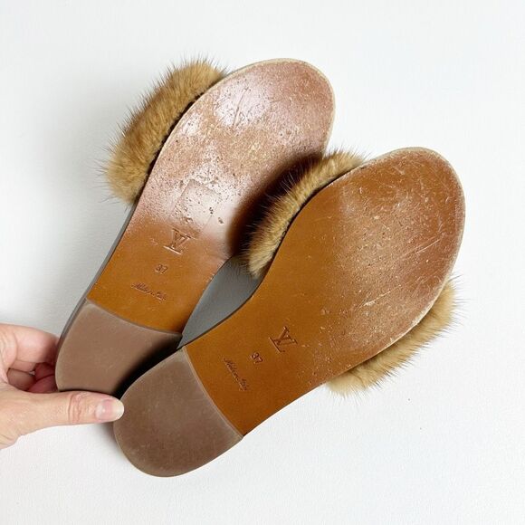 LOUIS VUITTON Lock It Mink Fur Brown Slide Sandal 37 US 7 Mules Logo Flat Mule - Picture 13 of 14